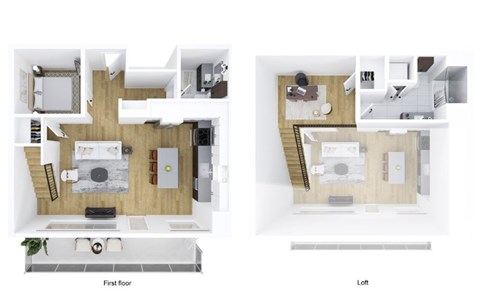 Floor plan for 1 bed, 1.5 baths, 1085 sqft